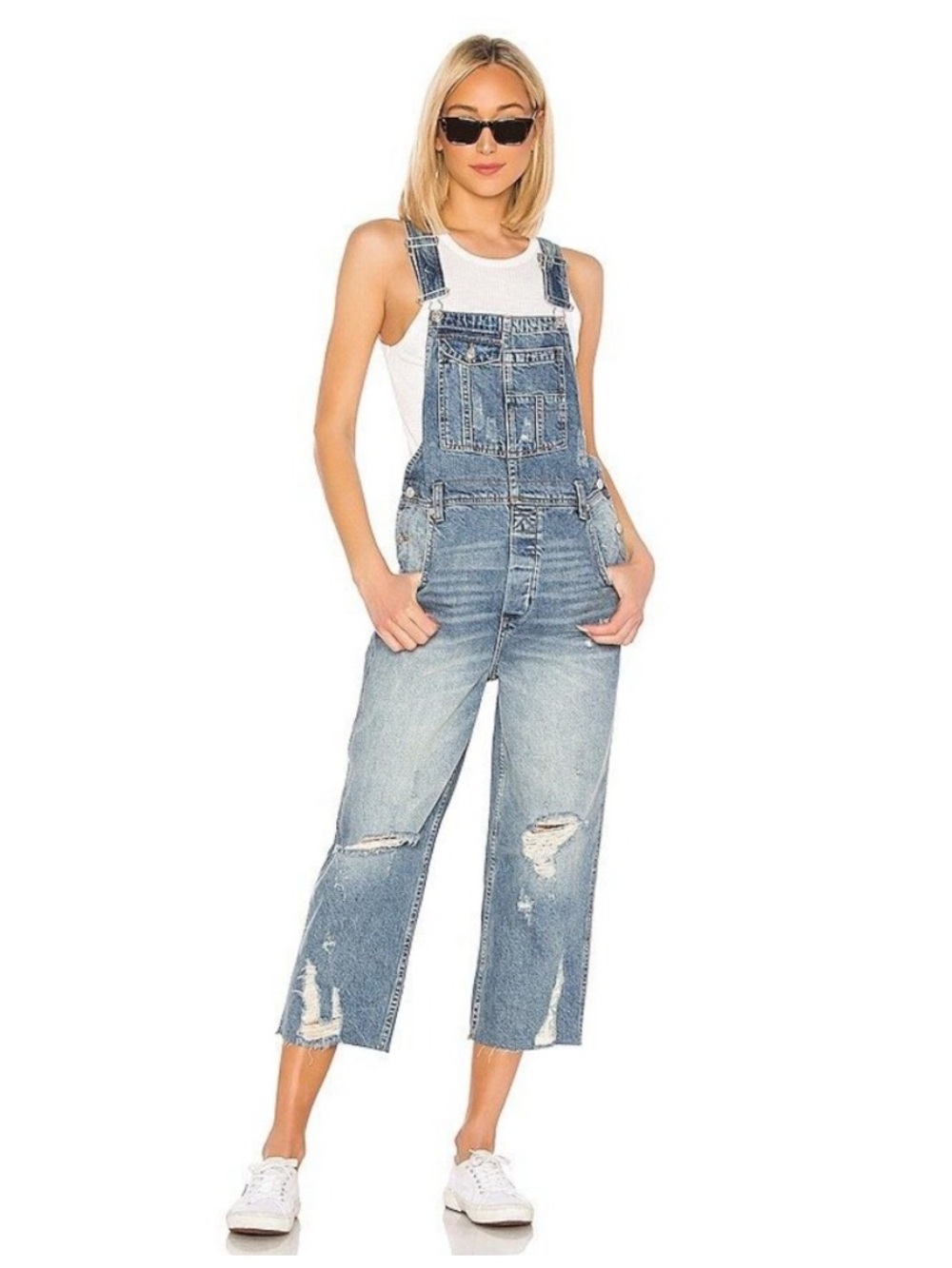 We The Free Cropped Distressed Denim Overalls - Size 27